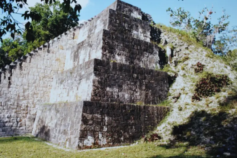Pirámide de piedra del Complejo Q de Tikal, Petén, Guatemala, rodeada de árboles