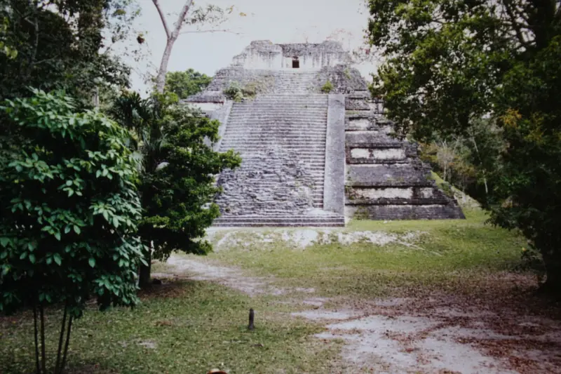 Templo maya de piedra con escalinata entre árboles en el Mundo Perdido de Tikal, Guatemala